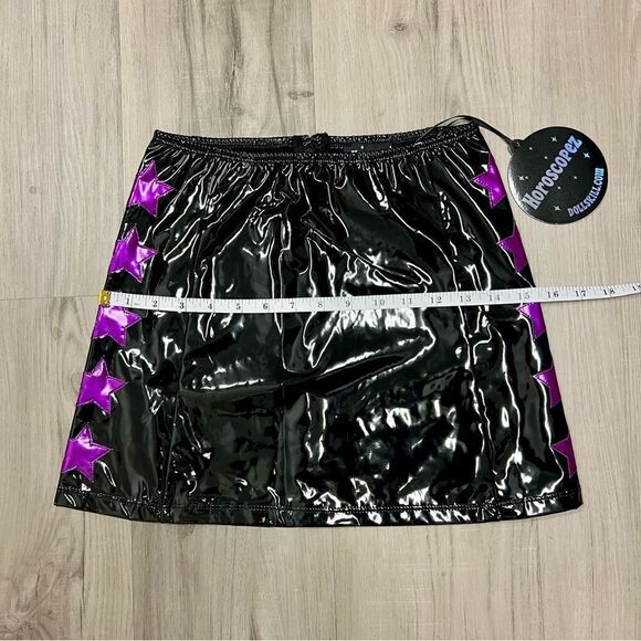Horoscopez x Dolls Kill black patent miniskirt pink/purple metallic stars szM - Picture 8 of 16